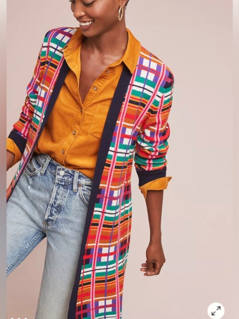 Anthro Moth Williston Plaid Open Belted Cardigan Blue Gold Purple Green Med